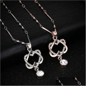 Pendant Necklaces Rhinestone Double Heart Necklaces Women Rose Gold Sier Alloy Pendant With 18Inches Chain Fashion Jewelry Drop Delive Dhffr