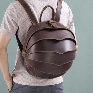 Personalized Leather Backpack with a Layer of Crazy Horse Cowhide for Men's Backpack and Beetle Shaped Travel Shoulder Bag 231115