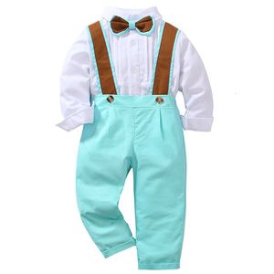 Abiti Moda Bambini Ragazzi Vestiti da gentiluomo Set Camicia a maniche lunghe con papillon Pantaloni con bretelle Vestito casual da ragazzo 230424