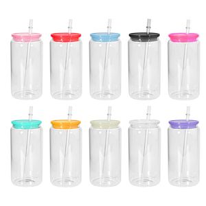 16oz Sublimation Blanks Mason Glass Cups Tumbler Clear & Frosted Juice Jar Iced Beverage Drinking Beer Can Glasses Cup Coffee Mugs With Colored Plastic Lids & Straws