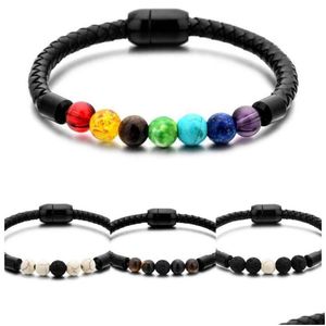 Kette Heilung Ncing Echtes Leder Kettenarmbänder mit Magnetverschluss 7 Chakra Naturstein Armband Yoga Diffusor Manschette Drop Delive Dh9Cm