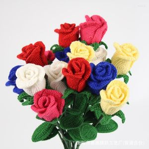 Decorative Flowers 40cm Hand-knitted Yarn Crochet Rose Flower Artificial Branch Home Office Table Wedding Decor