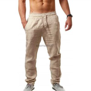 Calças masculinas de linho de algodão calças compridas verão cor sólida respirável calças de linho masculino casual cintura elástica calças casuais harajuku trousl231124