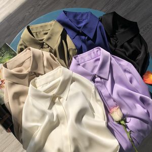 Koszulki damskie bluzki damskie Kobiety z długim rękawem mieszanka Lapel Solid Color Blouse koszulka - Ladies Black/Blue/Purple Top On Sale 230424
