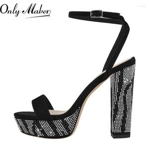 Sandaler endast Maker Summer Bling Black Flock Ankle Buckle Square Peep Toe Rhinestones Platform Chunky Fashion Elegant High Heels