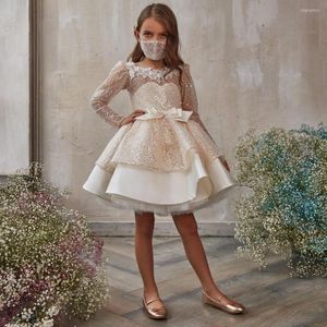 Abiti da ragazza 2023 Fiori Ragazze Glitter Paillettes Backless Maniche lunghe Abiti da ballo A-line Short Kids Birthday Party Dress Abito da spettacolo