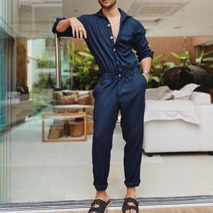 Männer Hosen 2023 Männer Einfarbig Overall Overall Tasten Casual Cargo Kleidung Overalls Drehen Unten Kragen Langarm Übergroße Taille 231123