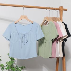 Women's T Shirts Square Neck Lace-up Short Sleeve T-shirt Solid Color Slim Top Female 2023 Summer Cotton High Waist Crop Tee