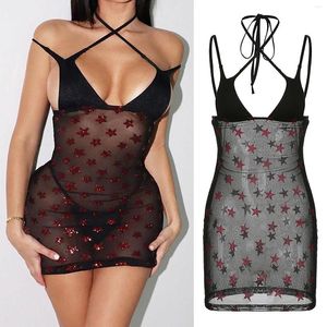 Lässige Kleider Nachtclub Sommerferien Glitter Farbkontrast Sexy Cut Out Neck Lace Up Dress