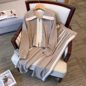 Women's Two Piece Pants Color Block Lapel Top Wide-leg Two-piece Spring And Autumn Korean-style Loose Plus Size Casual Suit