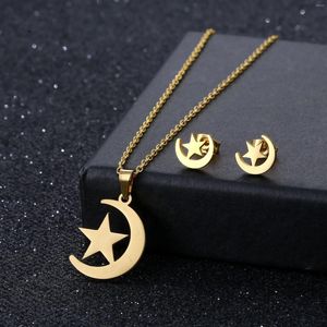 Collana e orecchini con stella in acciaio inossidabile con luna, gioielli in due pezzi placcati in oro 18 carati