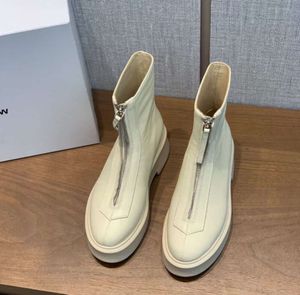 New style The row white smooth Leather Ankle Chelsea Boots platform zip slip on round Toe block heels Flat Wedges booties chunky boot luxury designer