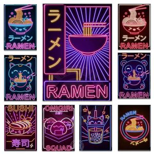 Bakgrunder Neon Art Ramen Sushi Affischer Japanese Foods Cartoon Wall Art Canvas Målning Bilder Tryck Restaurang Kök Hem Dekoration J230224