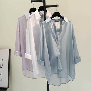 Sunscreen clothing Blusas Mujer Candy Color Thin Sunscreen Shirt Loose Casual Blouse Wild White Perspective Shirt Summer Tops Women's Chiffon P230418