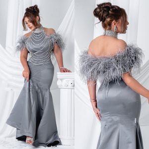 Grey Halter Mermaid Evening Dresses Beading Feather Trumpet Evening Party Gown Off the Shoulder Satin Long Prom Dress