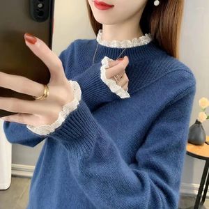 Kadın Sweaters Sonbahar Kış Temel Yumuşak Renk Dantel Boyun Sweater Örme Külot Kadınlar Günlük Uzun Kollu Koreli Şık Alt Üst