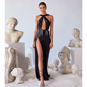 Urban Sexy Kleider Frau, hochwertiges Luxus-Neckholder-Sexy-Pailletten-Seitenschlitz, rückenfrei, schwarz, Urlaub, glänzend, Abend-Cocktail-Partykleid 231123