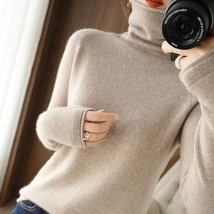 Kvinnors tröjor Kvinnor tröja Autumn Winter Turtleneck varm stickad koreansk avslappnad solid bottenskjorta Fashion Knit Pullovers Brown tröja 231124