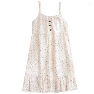 Kvinnors sömnkläder 1st Summer Nightdress Ladies Cotton Crepe Thin Vest Suspender kjol Lossa Långt söta tryckta nattklänningar Kvinnor GIRKT