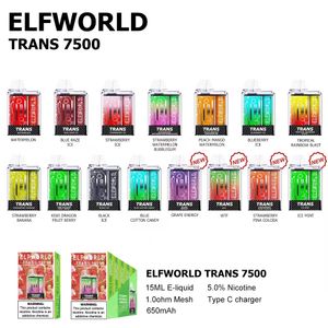 Originele Elfworld TRANS 7500PUFFS E-sigaretten Wegwerpdoos Vape-pen 650mAh Oplaadbare 15ml Bijgevuld Hergebruik Cartridges Mesh Coil Vapes Pod Bar