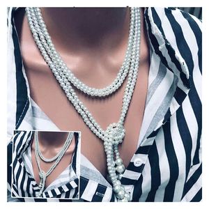 Artificial Pearls Triple Long Chains Vintage Luxcury Women Necklace