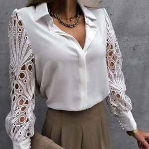 Women's Blouses Autumn White Sexy Lace Hollow Out Women Blouse Spring Black Top Femme Vintage Button Up Shirts Long Sleeve Mesh Design Tops