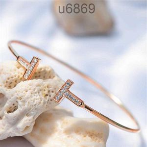 Bangle 2021 Simple Geometric Double T-Shaped Diamond Rose Gold Bracelet Fine Open Jewelry Female OA89