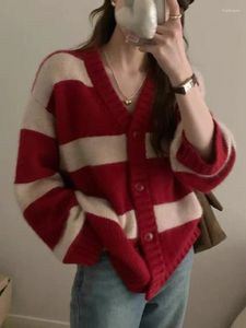 Mulheres Malhas Zoki Vintage Natal Vermelho Listrado Cardigan Mulheres Preguiçoso Vento Manga Longa Camisola De Malha Casaco Casual Solto Senhora Coreana Retro