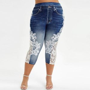 Kvinnors jeans kvinnors leggings imitation blommig tryck elastisk midja blyerts byxor jegings plus storlek benging damer svettbyxor byxor