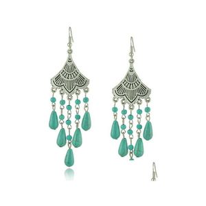 Charm Vintage Style Statament Sier Plated Alloy Fan Shape Drop Turquoise Dangle Earrings Delivery Jewelry Otebr