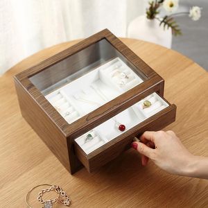 Sacchetti per gioielli Casegrace Grande scatola di legno Organizzatore con cassetto Display in vetro Orecchini in legno Anello Collana Custodia per gioielli Cofanetto