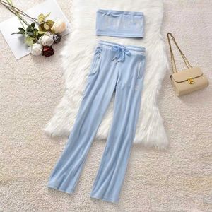 2022 Recommend European and American Fashion Trend Hot Diamond Wrapped Chest Top Straight Trouser Two Piece Set