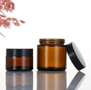 Amber Brown Glass Jars Cream Bottle Cosmetic Exempel Container Tom påfyllningsbar kruka med inre foder och svarta lock 5G 10G 15G 20G 30G 50G SN756