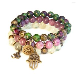 Link Bracelets Wholesale Natural Gem Stone Energy Bracelet 8 Mm Lepidolite Hamsa Charm Vintage Style P-rehnite Ohm