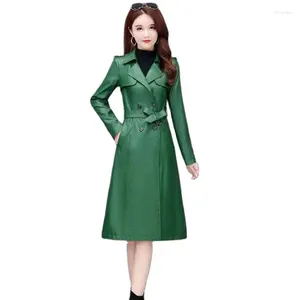 Kvinnors läder Autumn Winter Haining Women Long Korean version Slim Fashion Temperament Large Size Trench Coat