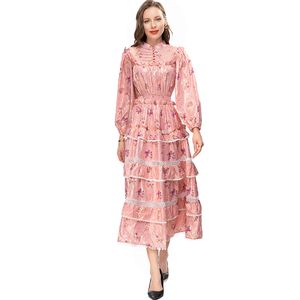 Women's Runway Dresses Stand Collar Long Sleeves Tiered Ruffles Printed High Street Fashion Designer Vestido Wear