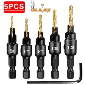 New 5-Piece 1/4'' Hex Shank Quick-Change Countersink Pre-Drilling Bit Set Woodworking Pilot Screw Holes Carpentry Bits Pilot Holes