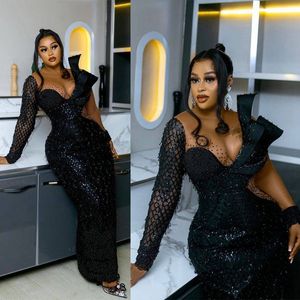 Lastest Aso Ebi Black Prom Gowns Mermaid Long Sleeves Evening Birthday Party Second Reception African Arabic Nigeria Formal Dress Bridesmaid Engagement ST282