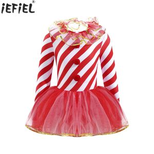 Vestidos da menina crianças meninas doces cane traje de natal ballet palco desempenho dancewear mangas compridas listras impressão vestido de malha tutu leotard 231124