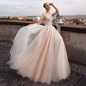 Bröllopsklänning Ramanda långa ärmar spetsapplikationer tyll för brud 2023 o-hals a-line boho brudklänning vestido de novia