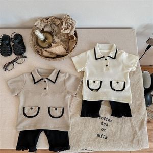 Kleidungssets Mädchen Baby Einfache Strickwaren T-Shirt Mode Umlegekragen Pullover Tops Feste Baumwollleggings 2-teiliges weiches Doppeltaschen-Set