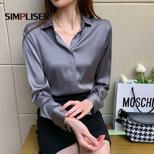 Women's Blouses Shirts High Quality Satin Blousers For Women Lady Office Work Wear Shirts Grey White Turn-down Collar Long Sleeve Tops Femme Blusa 230424