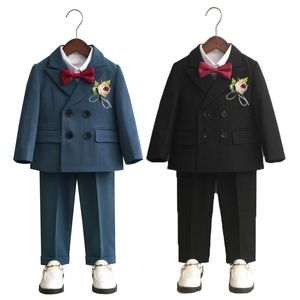 Suits Boys Double Breasted Dress Suit Set Autumn Winter Child Birthday Party Wedding Host Costumes Kids Blazer Pants Bowtie Clothes 230424