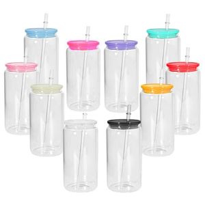 10 Color 16oz Sublimation Blanks Glass Cups Tumbler Clear & Frosted Juice Jar Iced Beverage Drinking Beer Can Glasses Cup Coffee Mugs With Colored Plastic Lids & Straws