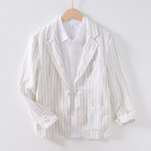 Men's Suits HOO 2023 Men's Vintage Stripe Loose Casual Ramie Blazer Business All-Match Youth Artistic Linen Blazers