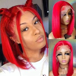 13x4 Red Short Bob Wig Lace Front Human Hair Wigs For Women Brazilian HD Transparent Pixie Cut Frontal