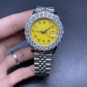 Orologio meccanico automatico da uomo quadrante grande giallo orologio da polso con diamanti con quadrante grande da 43 mm orologi in acciaio inossidabile argento impermeabile
