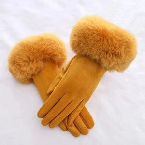 Five Fingers Gloves Women Faux Rabit Fur Wrist Suede Leather Touch Screen Driving Glove Winter Warm Plush Thick Full Finger Cycling Black Mitten H92 231123