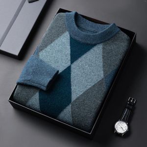 Men's Sweaters Sheep Wool Patchwork Plaid Jumper 2023 Autumn & Winter Thick Argyle Sweater Male Casual O-Neck Cashmere Knit Clothes