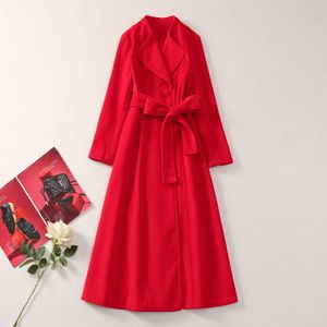 2023 Winter Red Solid Color Belted Wool Blends Outwear Coat Long Sleeve Lapel Neck Buttons Midi Long Outwear Coats S3N161116